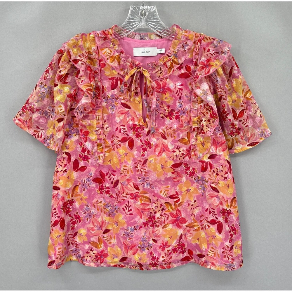 Greylin Top Blouse XS Pink Red Floral Ruffle Sleeve Romantic Boho Anthropologie